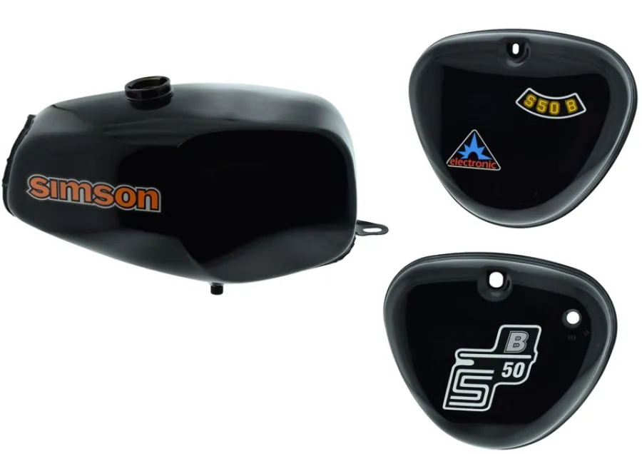 Büffeltank Set mit Seitendeckel für Simson S50 S51, Brillant Schwarz, innen versiegelt