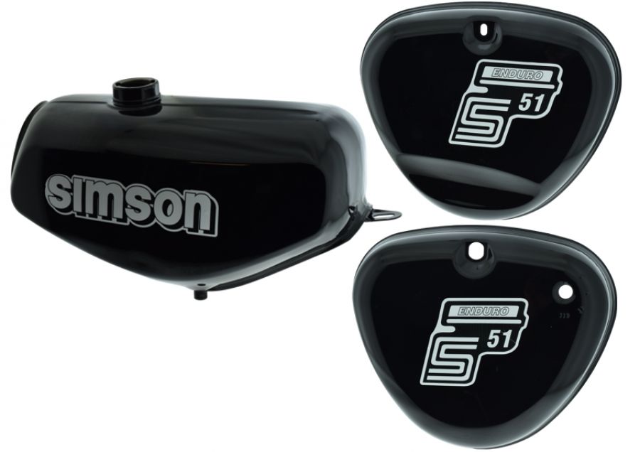 Tank Set mit Seitendeckel S51E Enduro Billant-​Schwarz, versiegelt, mit Aufkleber Simson