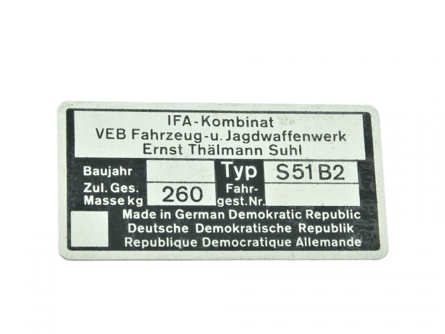 Typenschild Simson S51-B2 ORIGINALTEIL