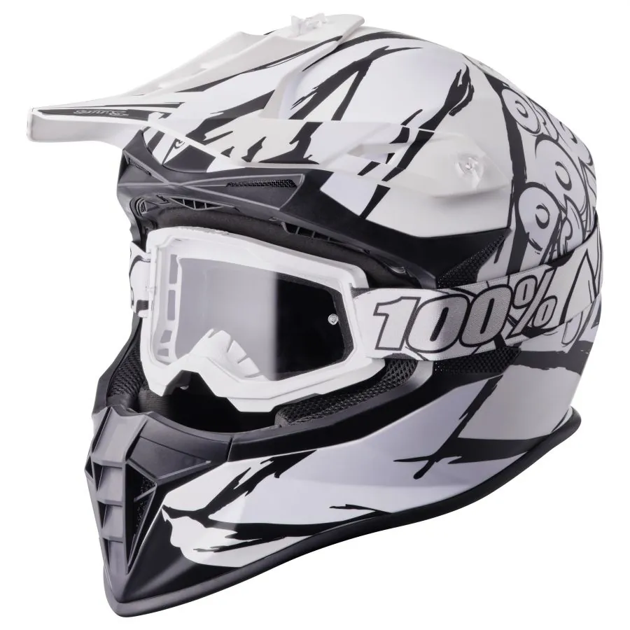 SET Motocrosshelm Fortis Graffi gms mattschwarz-weiss + Crossbrille + Schultertasche