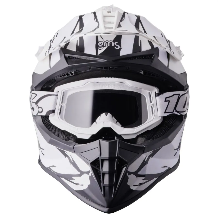 SET Motocrosshelm Fortis Graffi gms mattschwarz-weiss + Crossbrille + Schultertasche