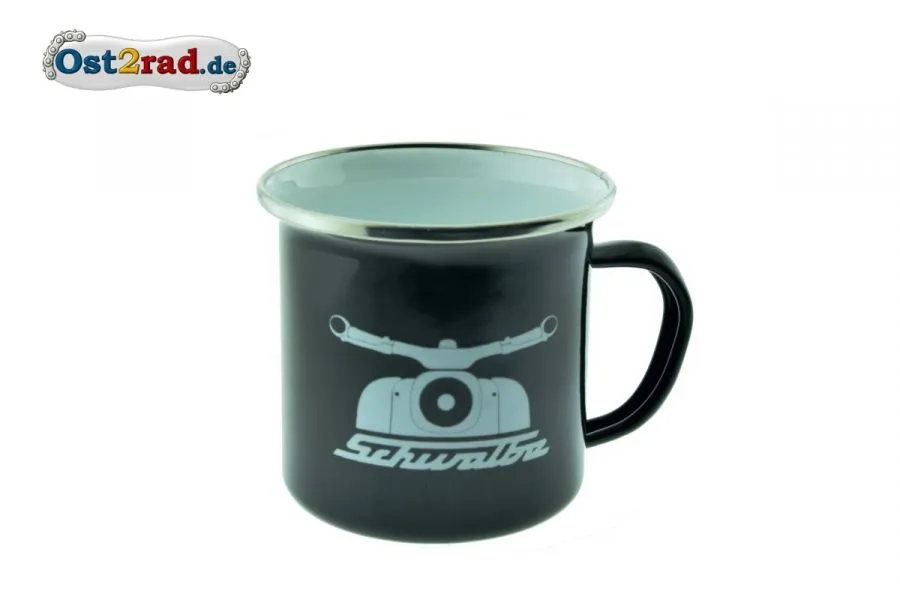Blechtasse Schwalbe schwarz mit weißem Aufdruck Blechtasse Schwalbe schwarz mit weißem Aufdruck