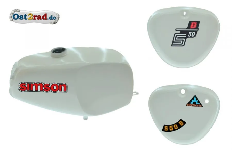 Büffeltank Set mit Seitendeckel für Simson S50 S51, weiß, innen versiegelt Büffeltank Set mit Seitendeckel für Simson S50 S51, weiß, innen versiegelt