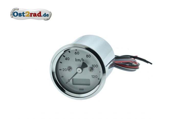 Elektronischer Tacho 120 Km/h Weiß, 12V, Chrom 48mm