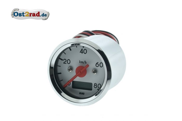 Elektronischer Tacho 80 Km/h Weiß, Chrom 48mm, 12V, für Simson