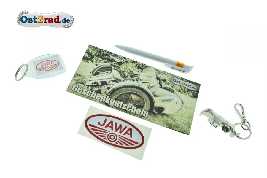 Geschenkset JAWA Gutschein Kugelschreiber Schlüsselanhänger Aufkleber Geschenkset JAWA Gutschein Kugelschreiber Schlüsselanhänger Aufkleber