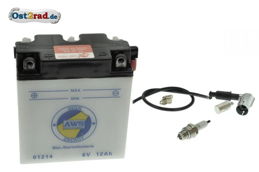 Komplettset Batterie 6V 12A schmal passend für MZ ES, TS (Preis zuzügl. Batteriepfand 7,50 €) Komplettset Batterie 6V 12A schmal passend für MZ ES, TS (Preis zuzügl. Batteriepfand 7,50 €)