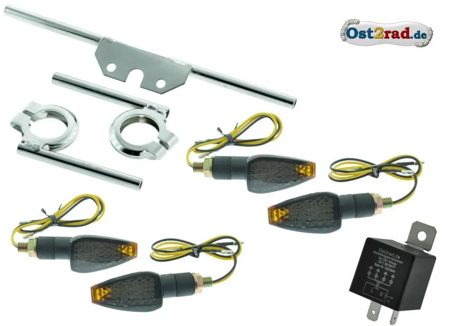 LED Mini Blinker Satz GETÖNT passend für Simson S50 S51 Blinkgeber Halter Chrom 12V
