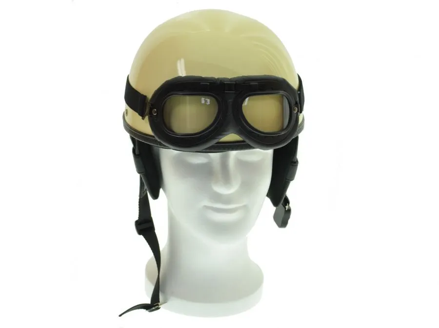 Oldtimerhelm mit Brille passend für MZ JAWA SIMSON AWO Halbschale - Leder schwarz Oldtimerhelm mit Brille passend für MZ JAWA SIMSON AWO Halbschale - Leder schwarz