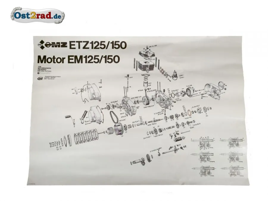 Poster Plakat Explosionszeichnung MZ - Motor ETZ 125 150 Poster Plakat Explosionszeichnung MZ - Motor ETZ 125 150