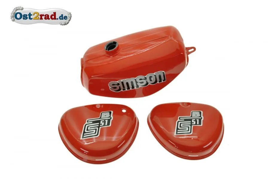 Tank Set Seitendeckel S51 S70 Flammrot innen versiegelt mit Aufkleber Simson Tank Set Seitendeckel S51 S70 Flammrot innen versiegelt mit Aufkleber Simson