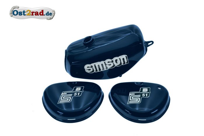 Tank Set mit Seitendeckel S51 S70 Perlblau, versiegelt, mit Aufkleber Simson