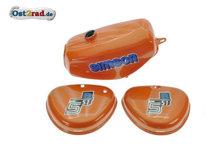 Tank Set mit Seitendeckel S51 S70 PerlOrange, versiegelt, mit Aufkleber Simson