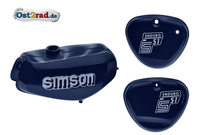 Tank Set mit Seitendeckel S51E ENDURO Perlblau, versiegelt mit Aufkleber Simson