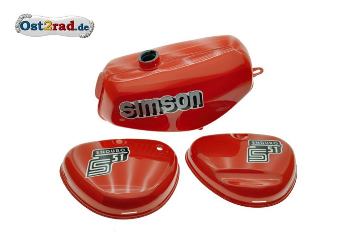 Tank Set mit Seitendeckel S51E ENDURO Flammrot versiegelt mit Aufkleber Simson