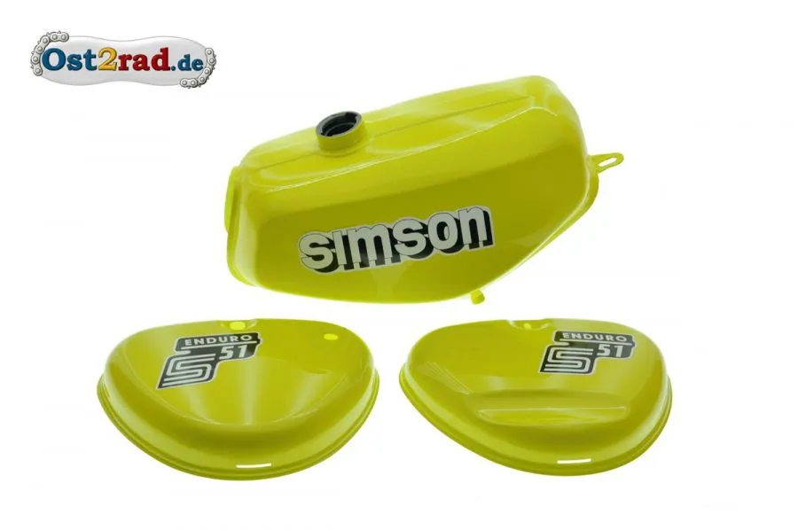 Tank Set mit Seitendeckel S51E ENDURO Schwefelgelb versiegelt mit Aufkleber Simson