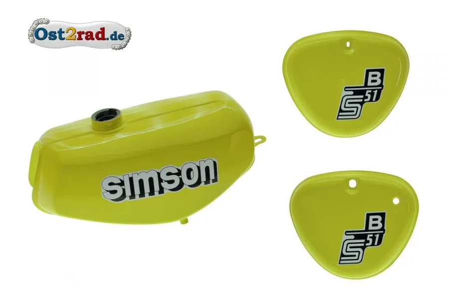 Tank Set Seitendeckel S51 S70 Schwefelgelb innen versiegelt mit Aufkleber Simson Tank Set Seitendeckel S51 S70 Schwefelgelb innen versiegelt mit Aufkleber Simson