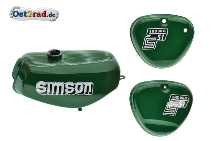 Tank Set mit Seitendeckel S51E Enduro Billardgrün versiegelt mit Aufkleber Simson