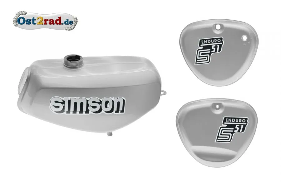 Tank Set S51E Enduro Silber versiegelt mit Aufkleber Simson Tank Set S51E Enduro Silber versiegelt mit Aufkleber Simson
