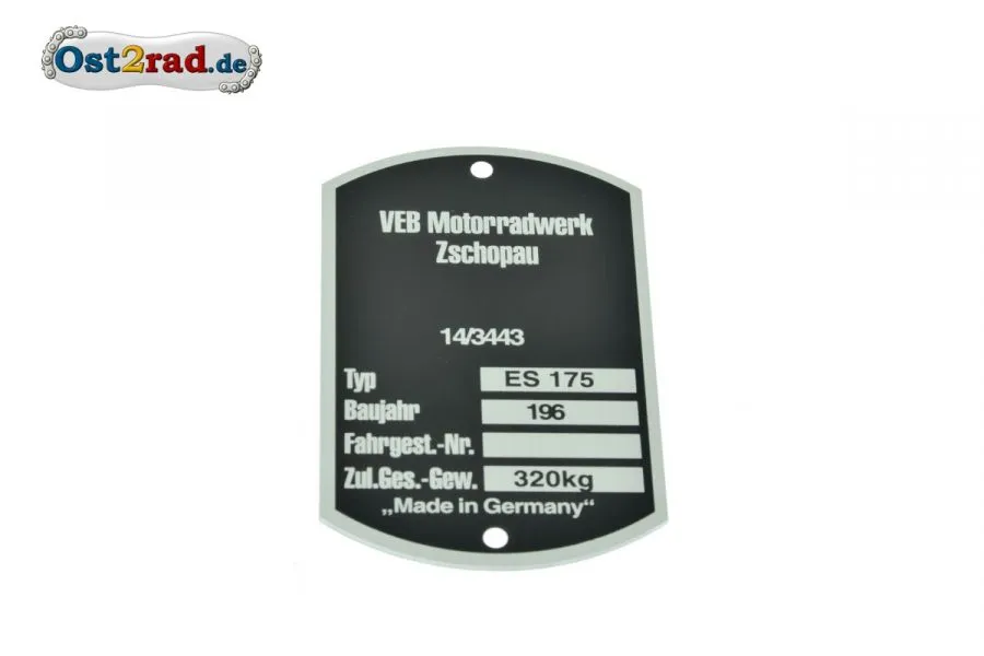 Typenschild passend für MZ ES 175 Baujahr 196 Aluminium
