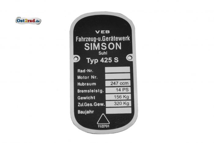 Plaque sinalétique SIMSON AWO -S 425
